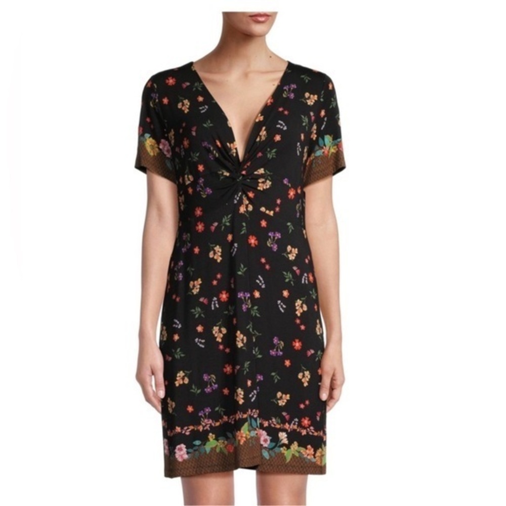 Johnny Was NNI Twist Front Swing V-Neck Short Sleeve Floral Dress Black Size S